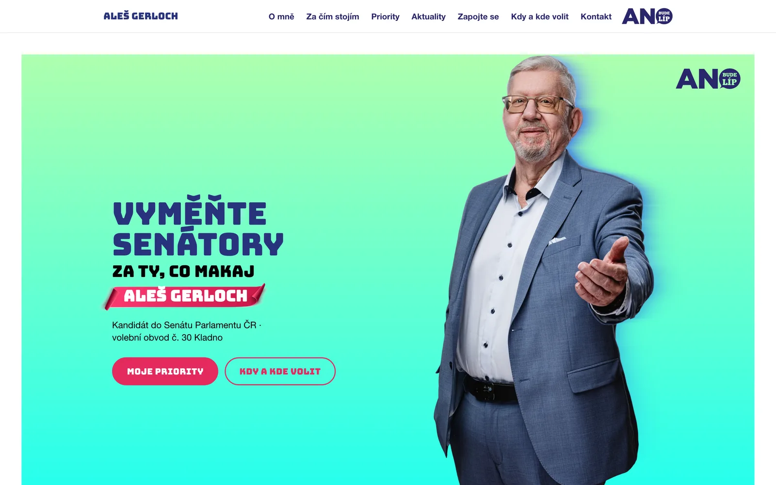 alesgerloch.cz — úvodní obrazovka kampaně v identitě ANO 2026