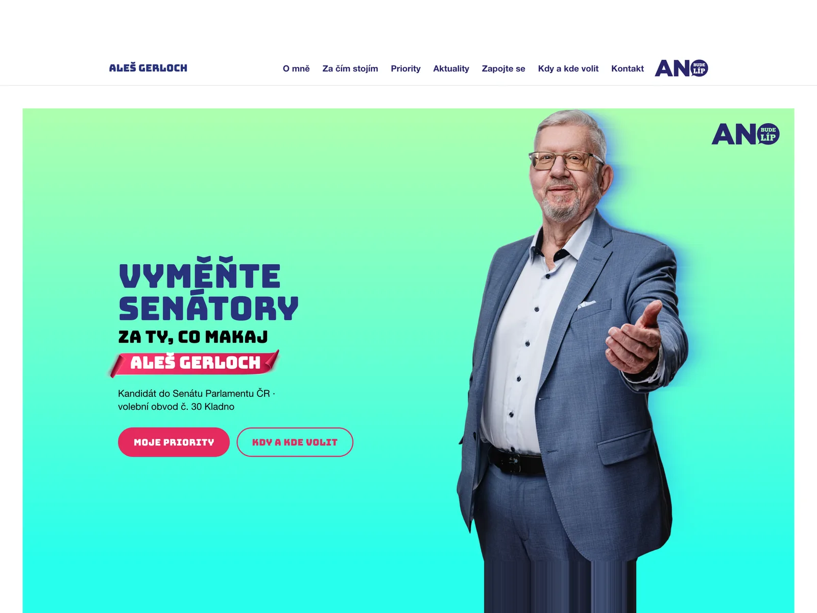 alesgerloch.cz — úvodní obrazovka kampaně v identitě ANO 2026